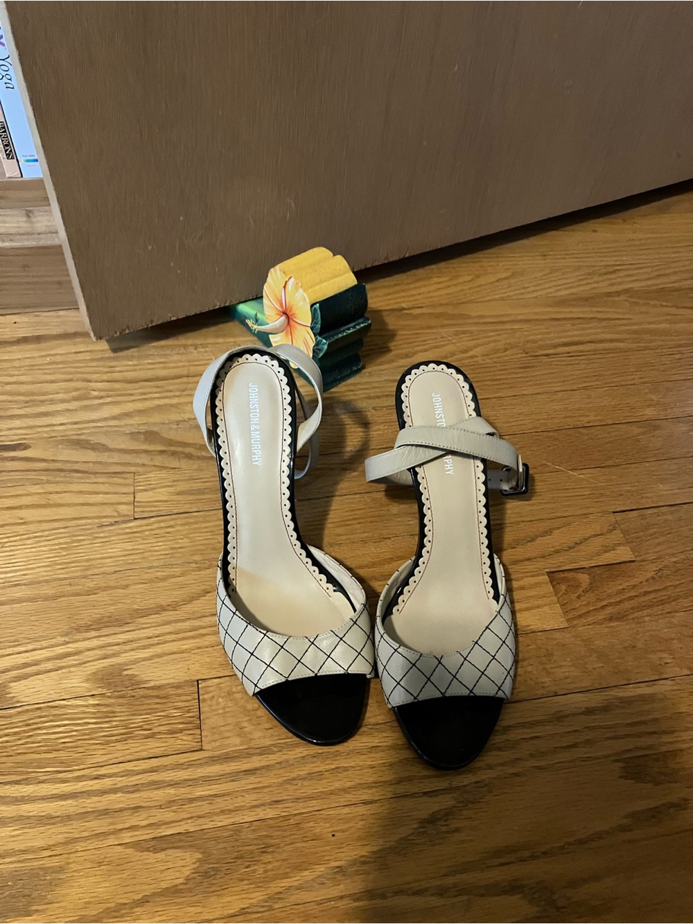 Johnston & Murphy Cream and Black Open-Toe Ankle Strap Heels